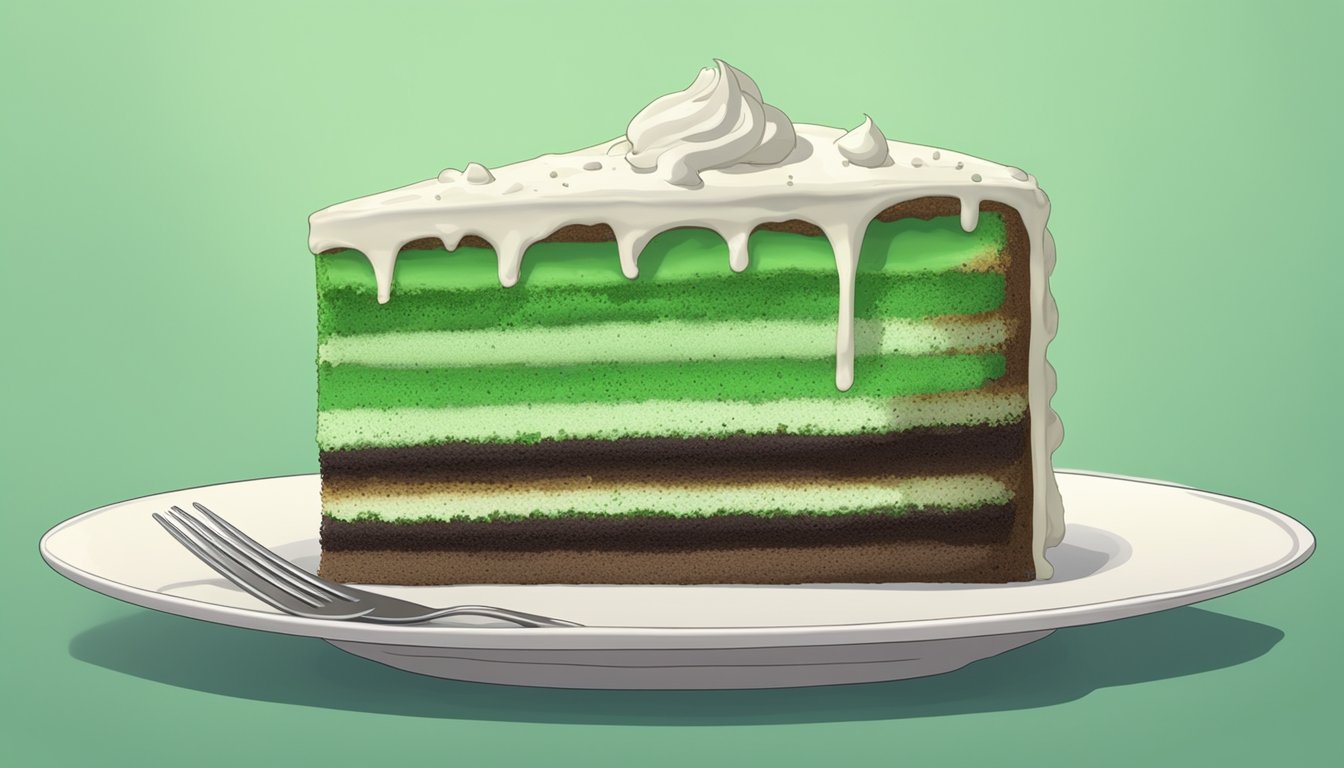 A slice of cake covered in green and white mold sits on a plate, with visible spores and a musty odor