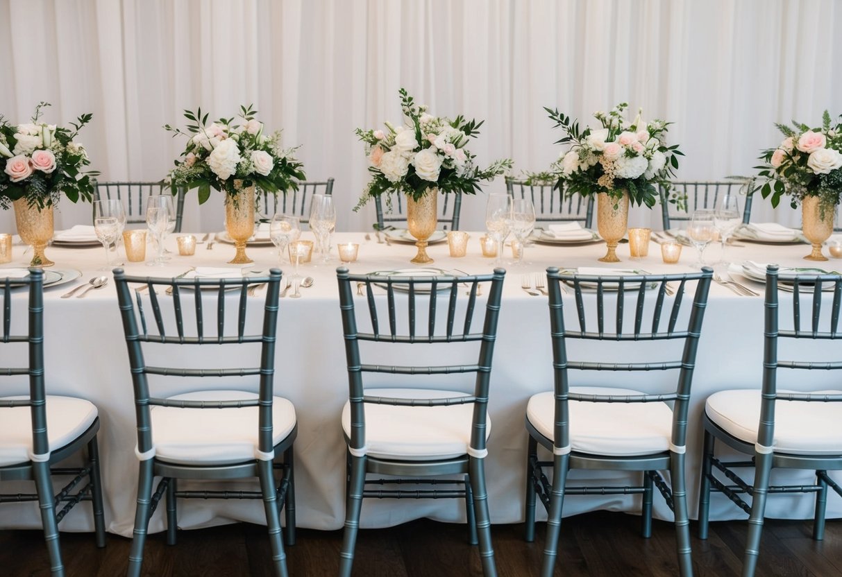 A head table adorned with elegant place settings and floral centerpieces, with empty chairs indicating the absence of a wedding party