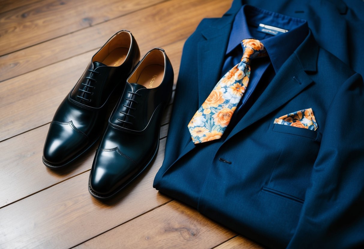 A pair of polished black oxford shoes placed next to a crisp navy suit and a floral tie on a wooden floor