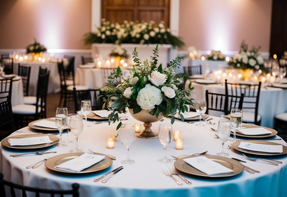 A family table at a wedding, with elegant place settings and floral centerpieces, positioned prominently near the front of the reception area