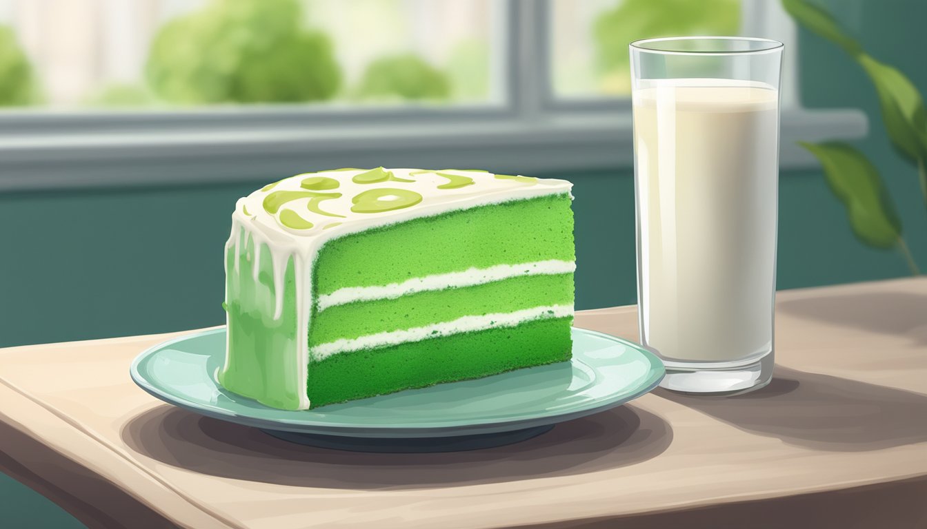 A slice of cake covered in green and white fuzzy mold sitting on a plate next to a glass of milk