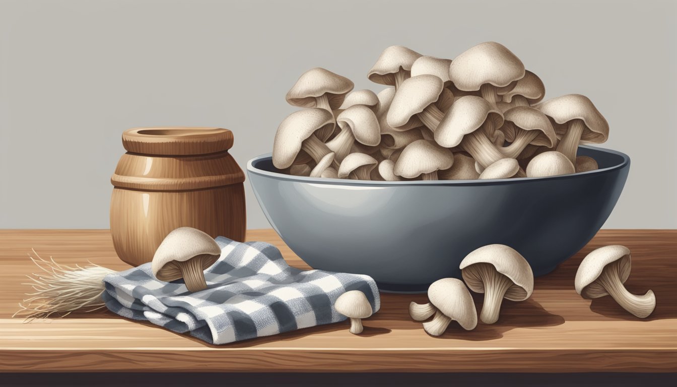 A cluster of agaricus mushrooms sits on a wooden cutting board, surrounded by a checkered kitchen towel. A knife and a small bowl of salt are nearby