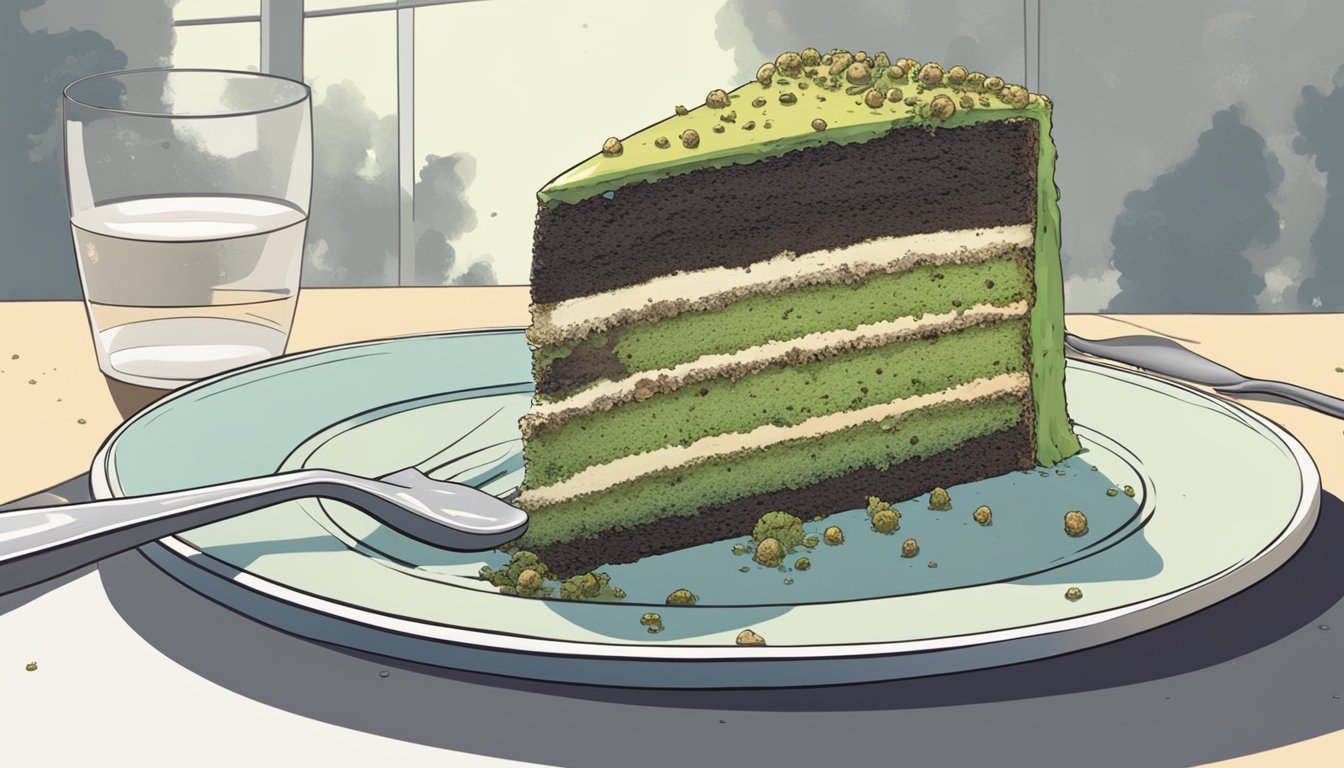 A slice of moldy cake sits on a plate, surrounded by spores. A person looks hesitant, holding a fork