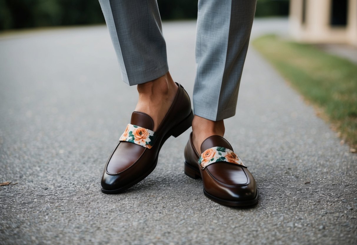 A groom in a light grey suit with a floral tie, wearing brown leather loafers with no socks