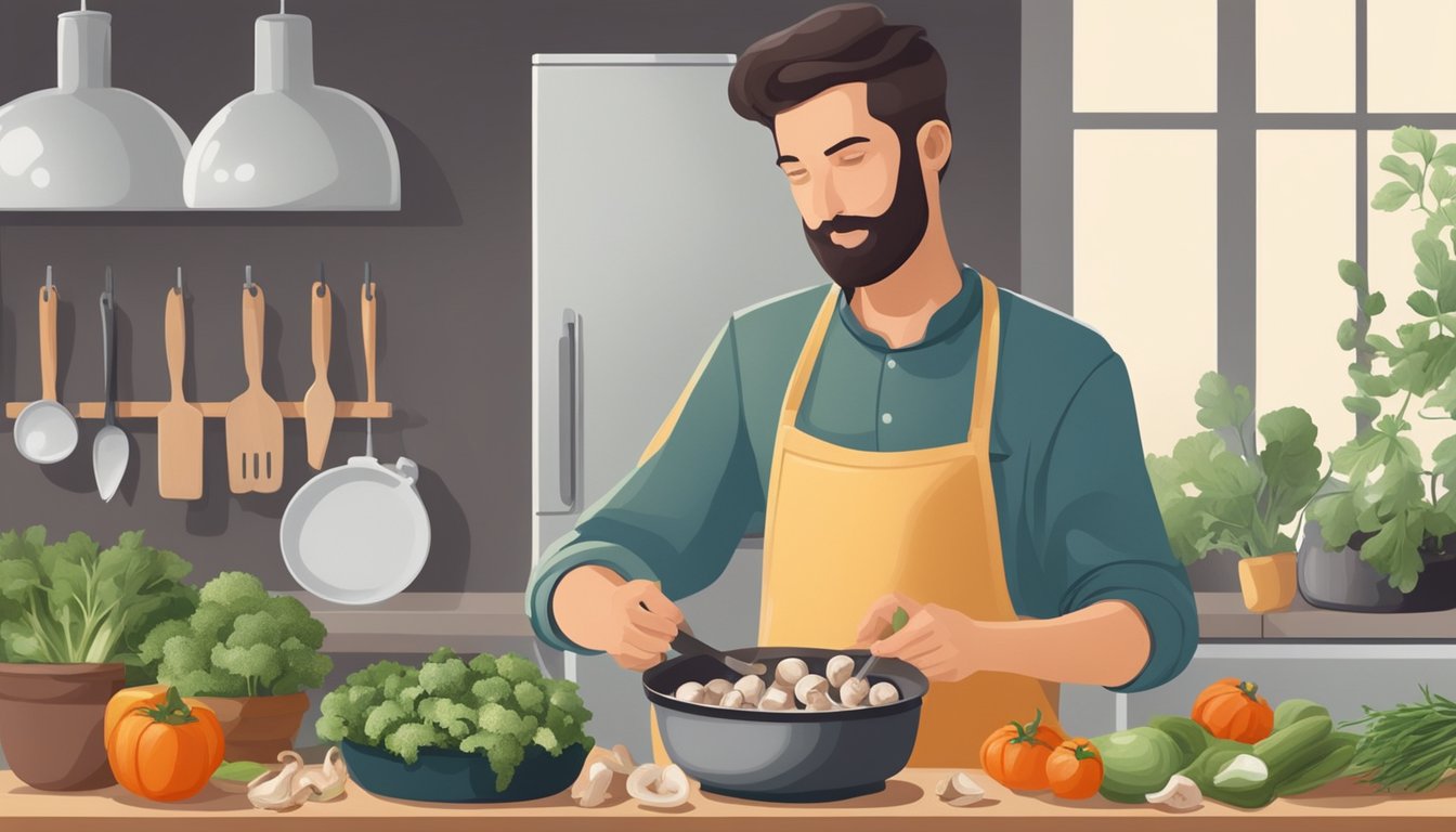 A person cooking agaricus mushrooms in a kitchen, surrounded by fresh vegetables and herbs