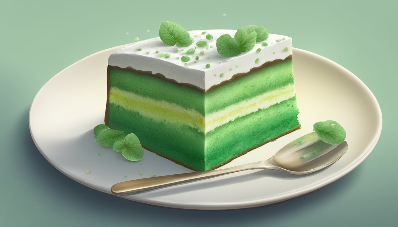 A slice of cake covered in green and white mold sits on a plate, with visible spores and a musty odor