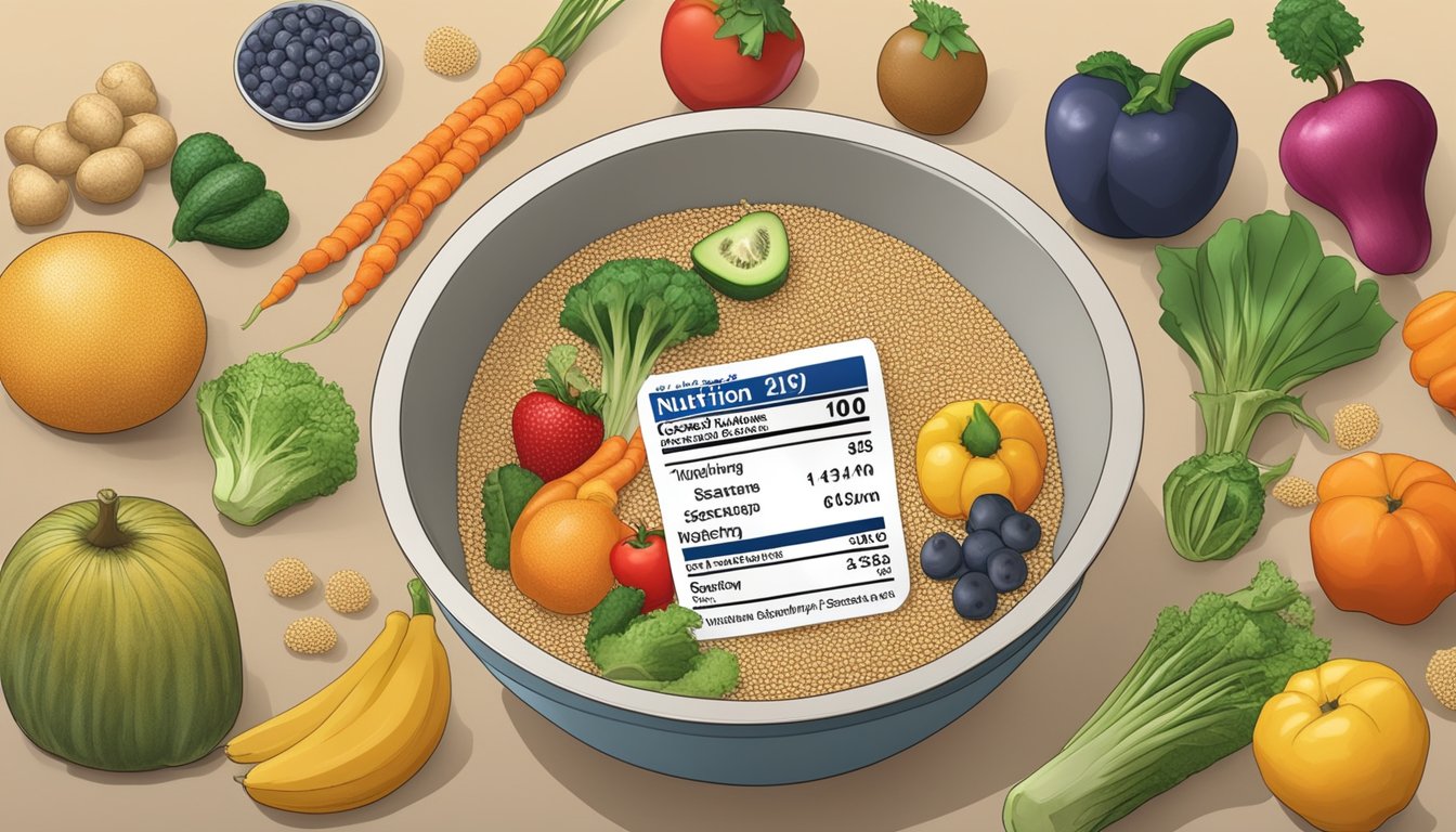 A bowl of sesame seeds surrounded by various fruits and vegetables, with a nutrition label in the background