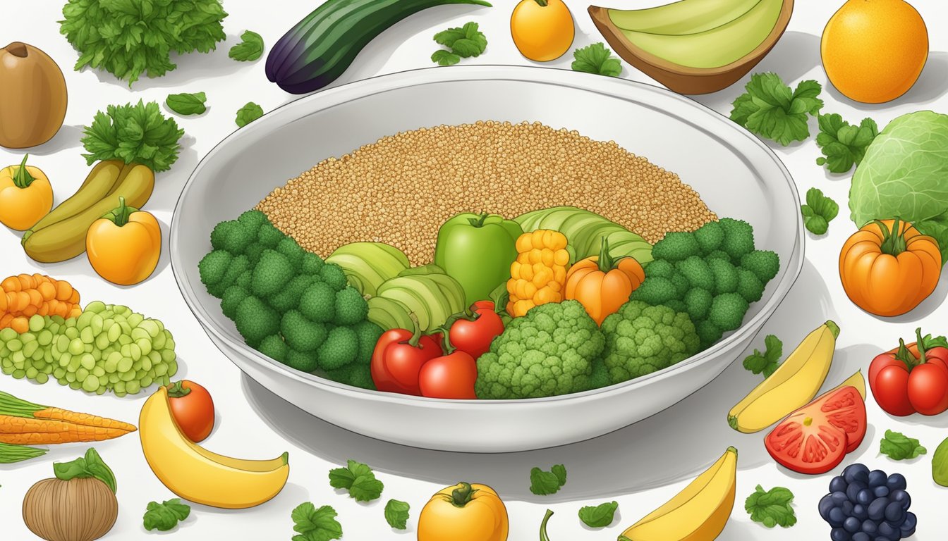 A bowl of sesame seeds surrounded by various fruits and vegetables