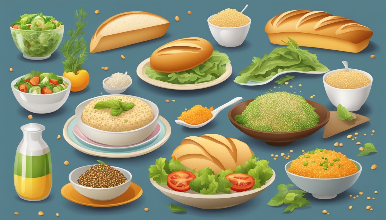 A colorful array of dishes - salads, breads, and desserts - each adorned with sesame seeds, set against a backdrop of different cultural and dietary backgrounds