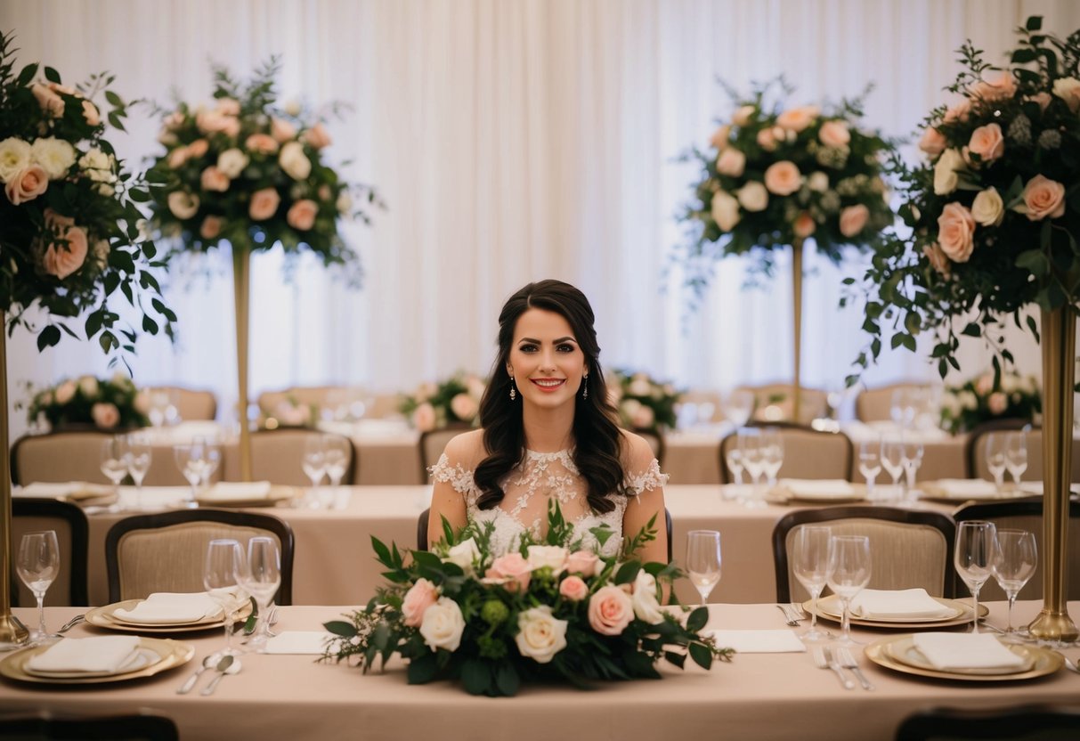 A woman sits at the head table, surrounded by floral decorations and place settings