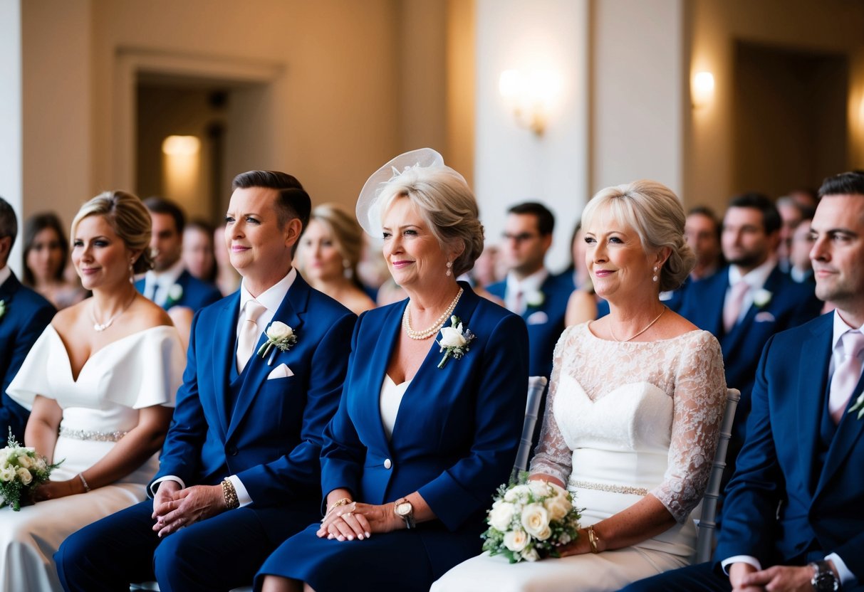 The mother of the bride is seated first, followed by the mother of the groom, as they take their places in the front row of the wedding ceremony