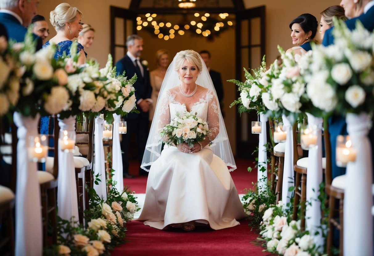 The mother of the bride sits on the aisle, surrounded by flowers and elegant decorations
