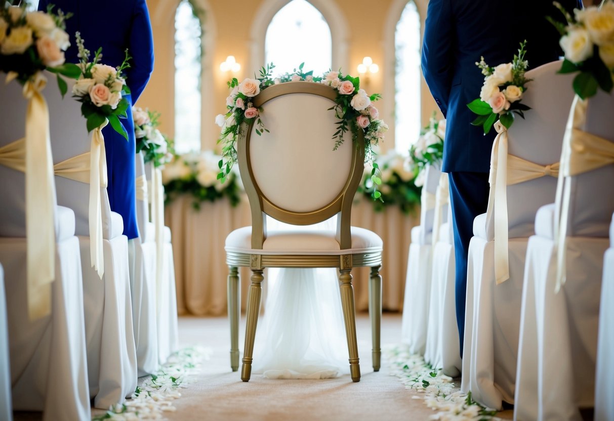 The elegant chair at the end of the aisle, adorned with flowers and ribbons, awaits the Mother of the Bride