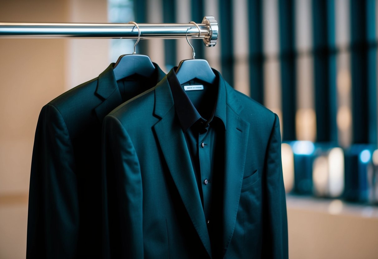 A black shirt paired with a black suit on a hanger