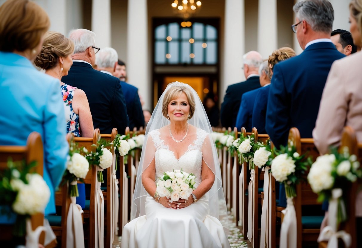 The wedding processional scene depicts the mother of the bride seated on the aisle