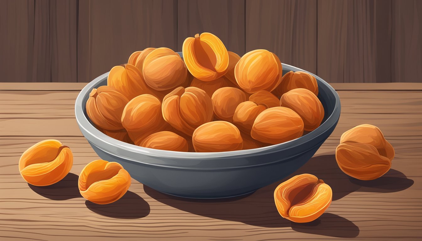 A bowl of dried apricots, some with a slightly wrinkled appearance, sitting on a rustic wooden table