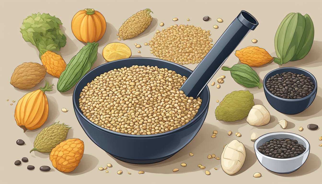 A bowl of sesame seeds surrounded by various food items, with a magnifying glass inspecting the seeds for safety