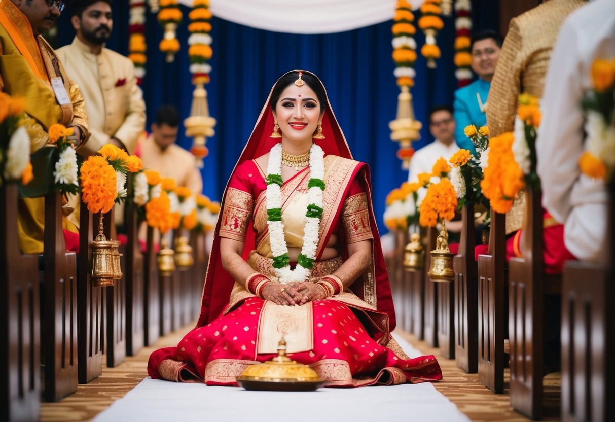 A woman in traditional attire sits on the aisle, surrounded by symbolic items representing cultural and religious significance