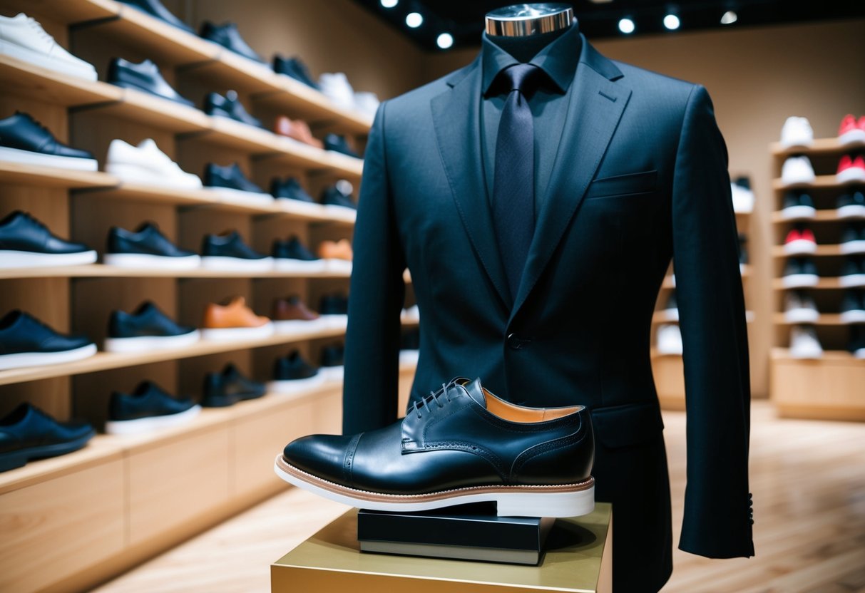 A black suit and black shirt on a shoe store display