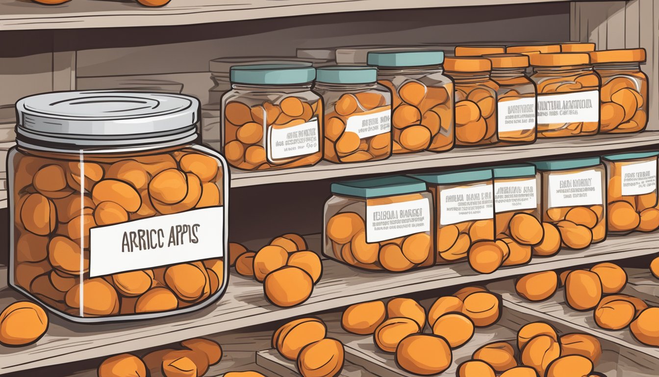 A pantry shelf with a jar of dried apricots, a label indicating the expiration date, and a small pile of apricots spilled out in front