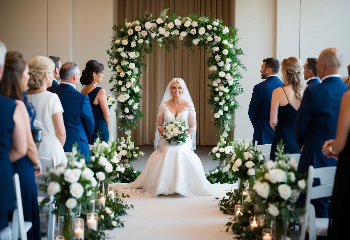 The mother of the bride sits on the aisle, surrounded by elegant floral arrangements and modern decor