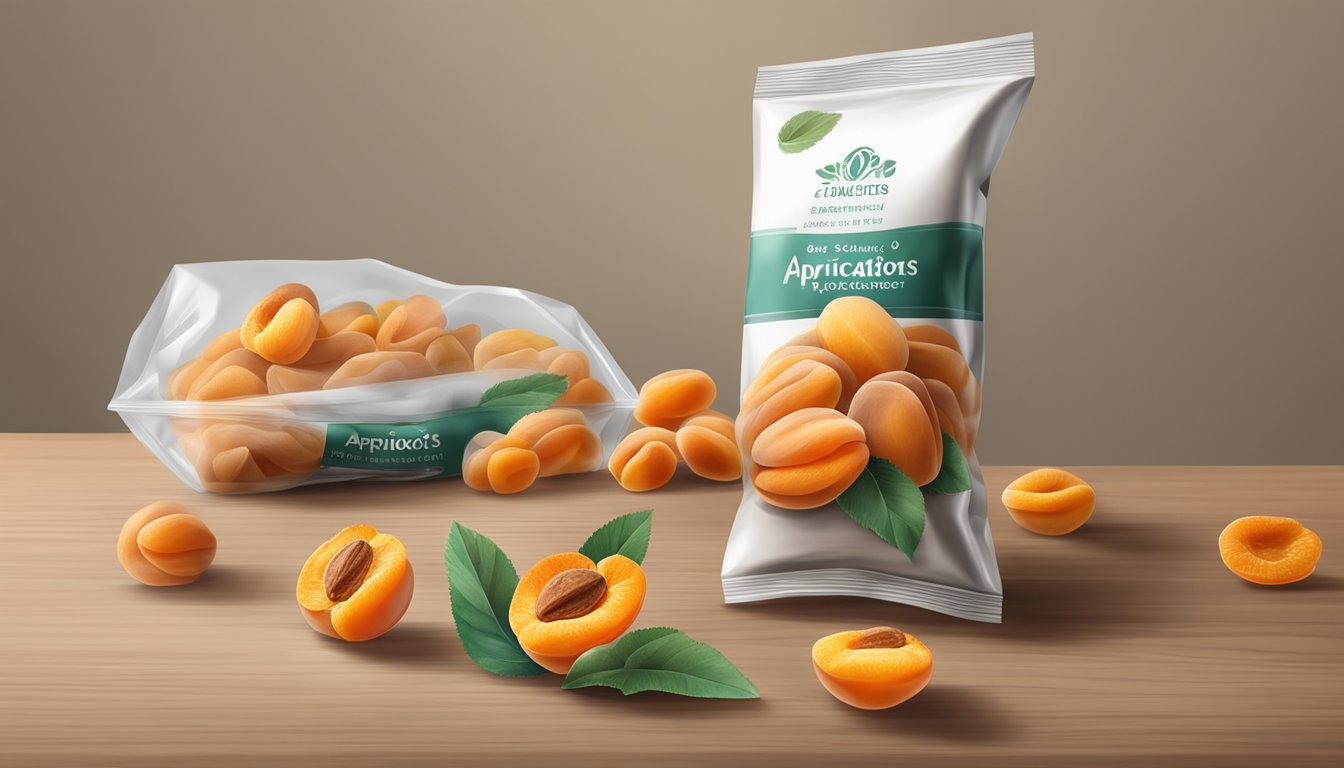 A pile of wrinkled, discolored dried apricots sits on a kitchen counter, with a visible expiration date on the packaging