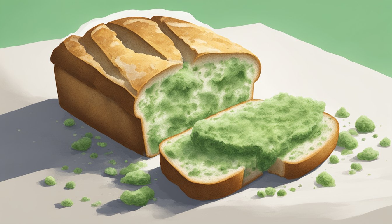 A half-eaten piece of bread covered in green and white fuzzy mold on a kitchen counter