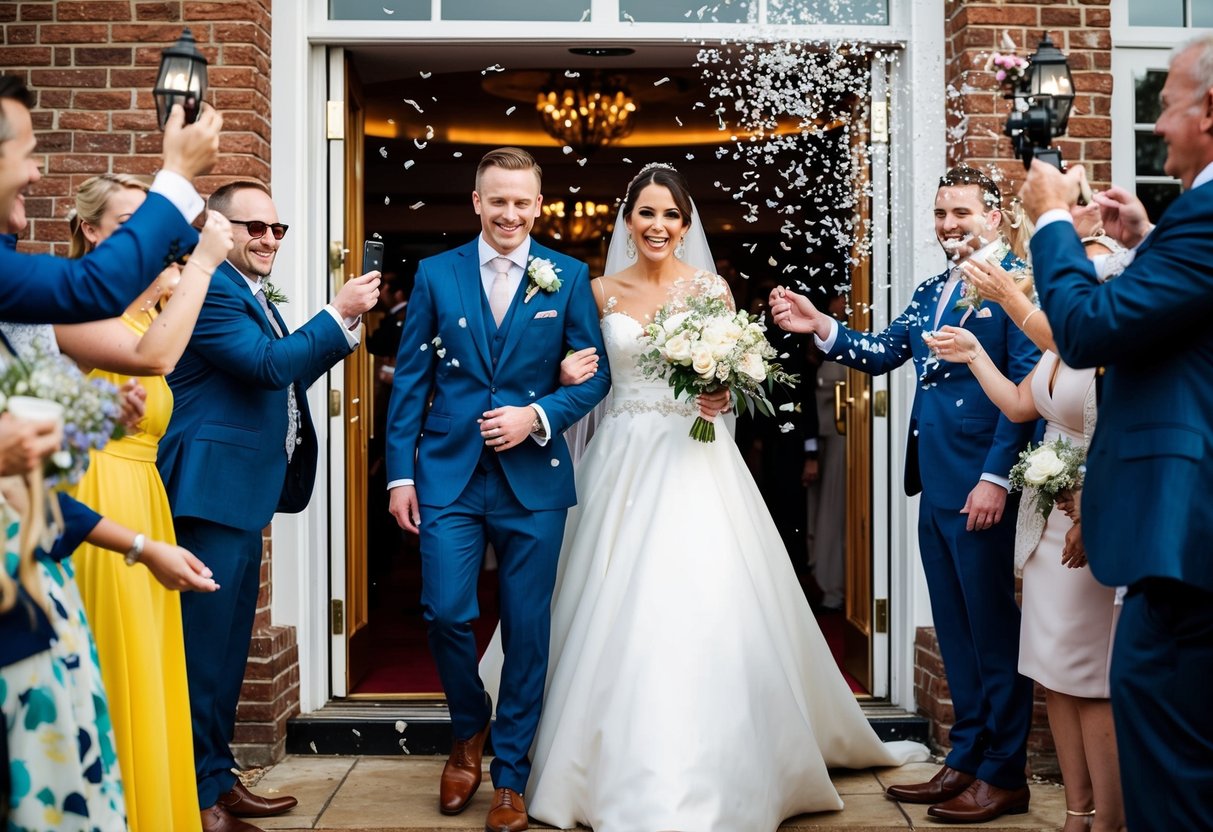 The bride and groom exit the wedding venue, surrounded by cheering guests and a shower of confetti