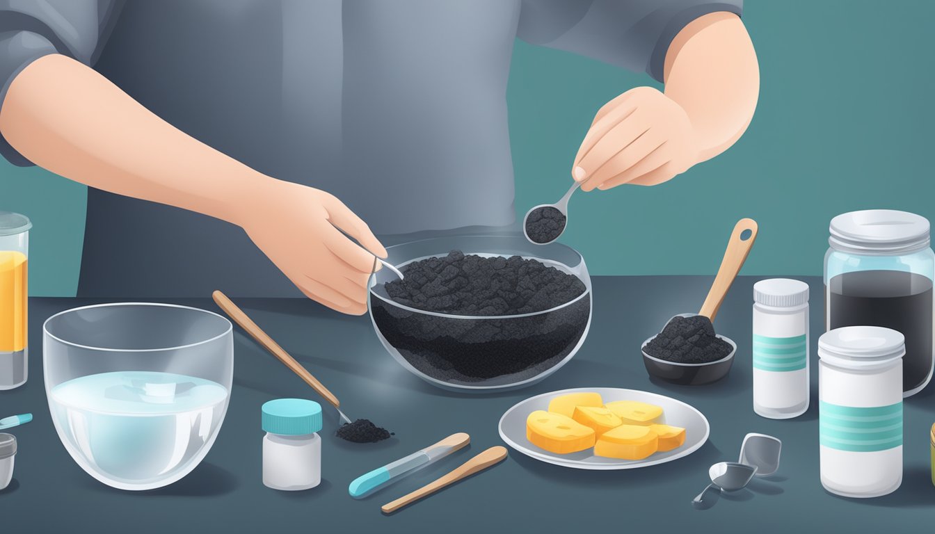 A person stirring activated charcoal into a glass of water with a spoon, surrounded by various medical supplies and equipment