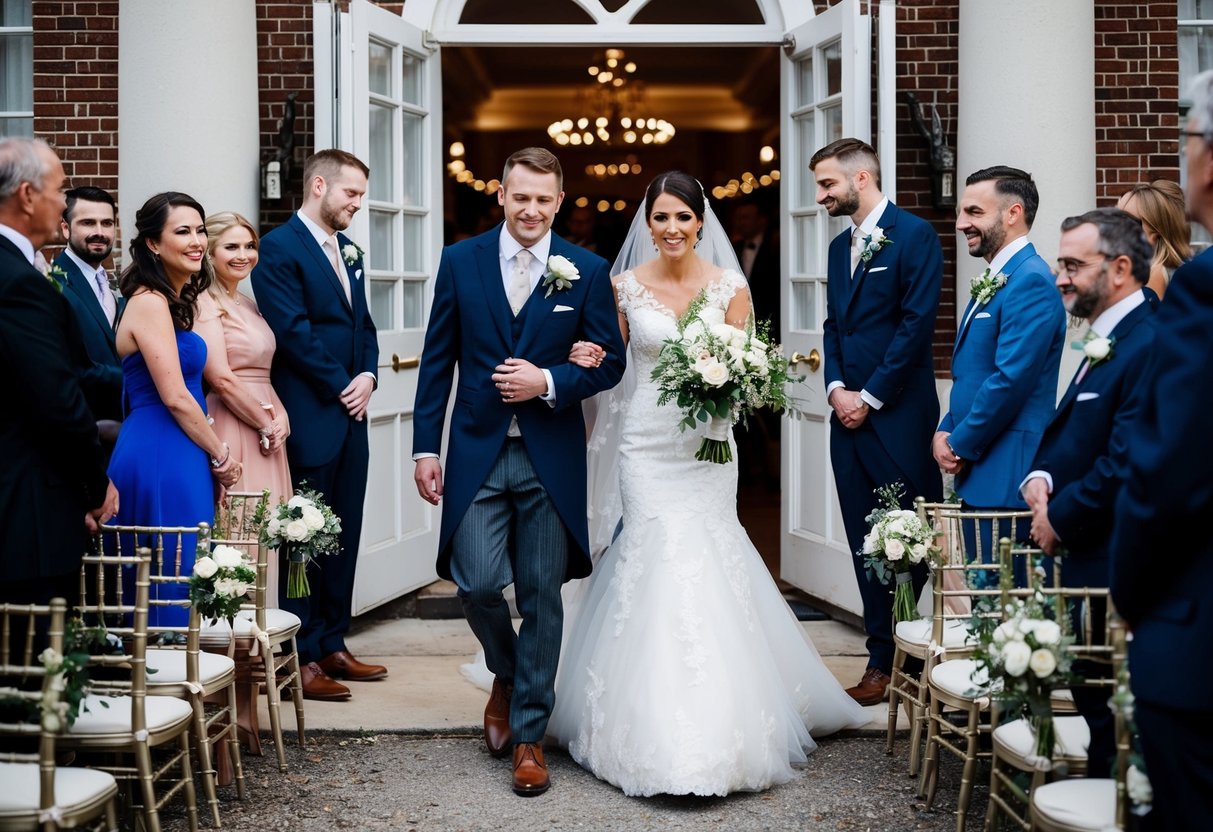 The newlyweds exit the ceremony, followed by the wedding party and guests