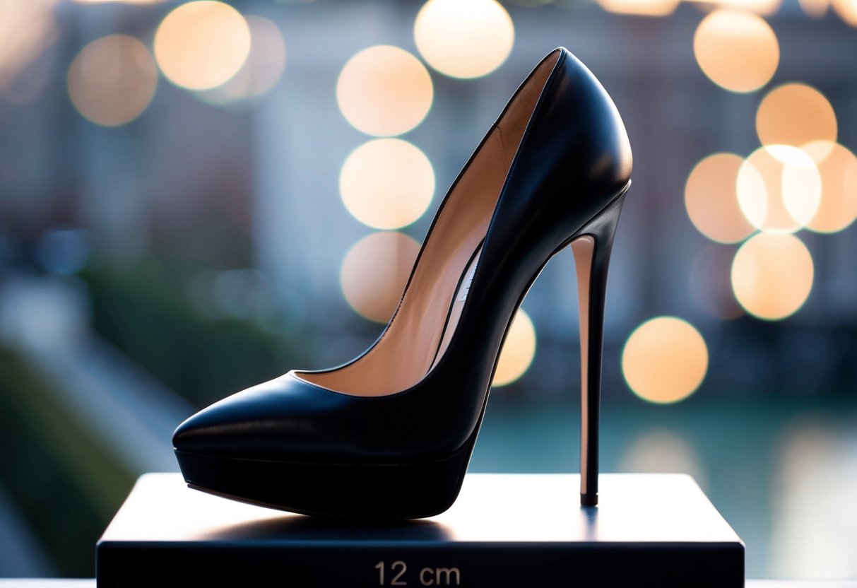 A sleek, elegant high-heeled shoe stands atop a pedestal, measuring 12 cm in height
