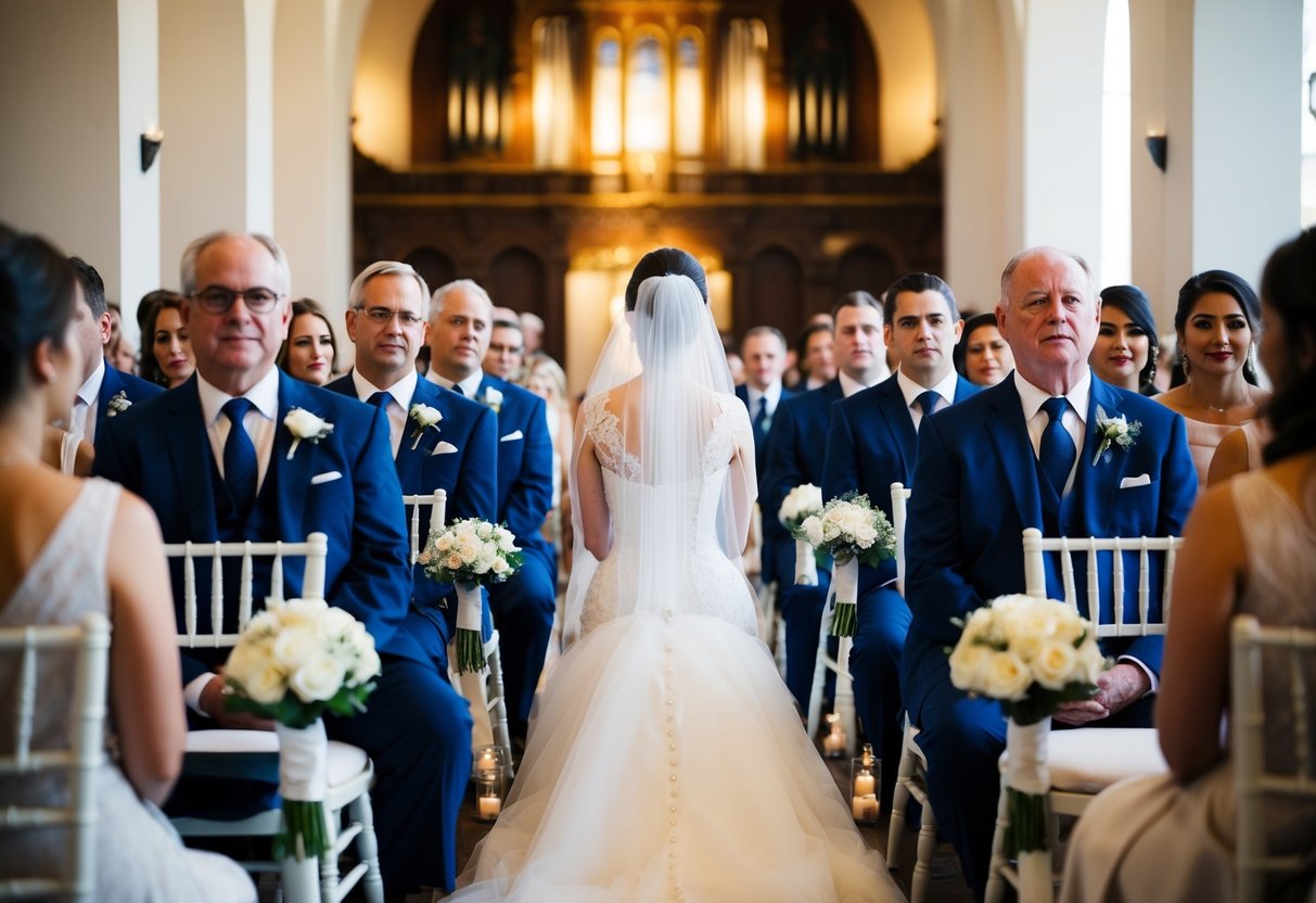 The father of the bride sits in the front row, on the left side of the aisle, facing the altar