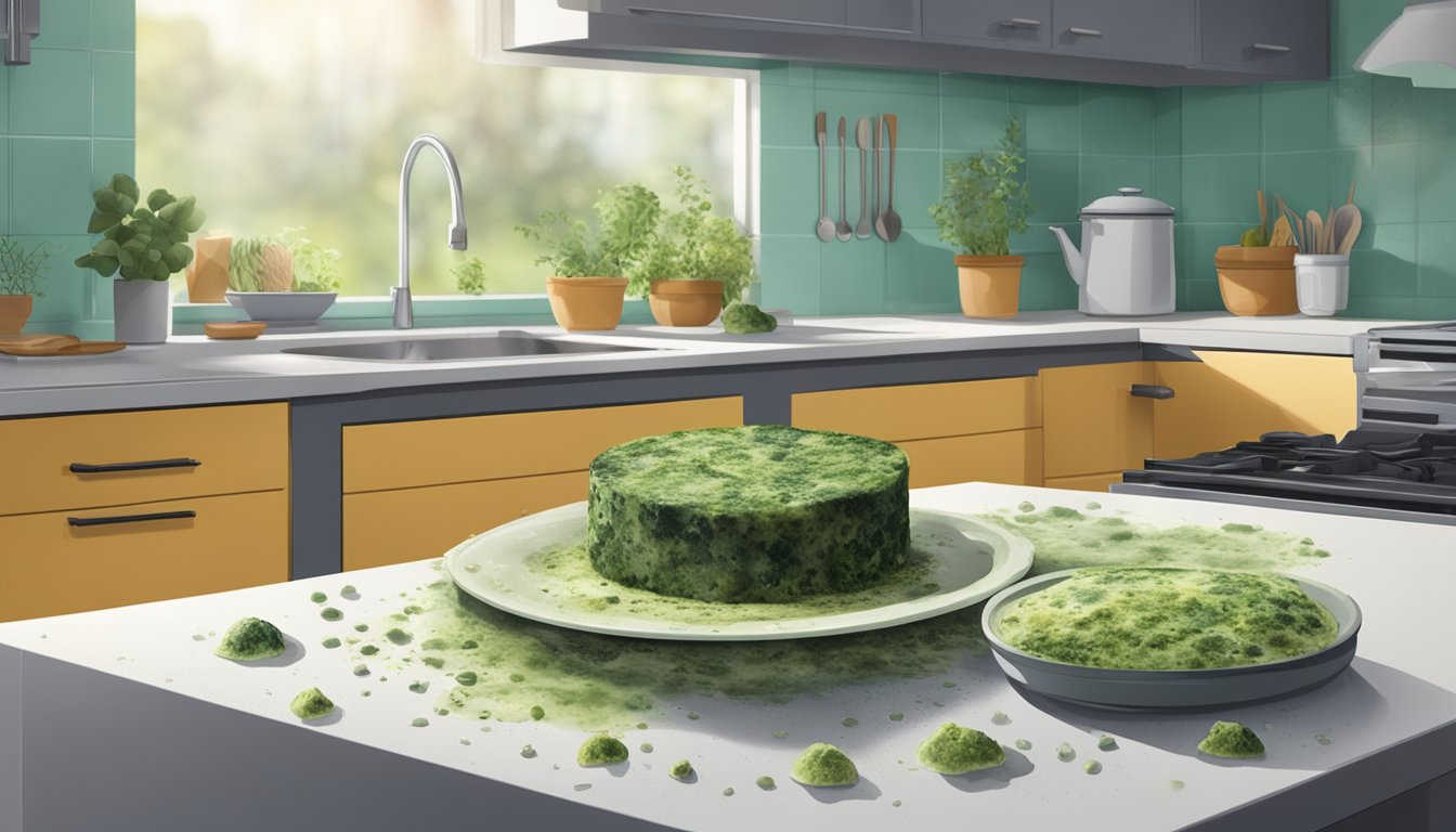 A piece of moldy food sits on a kitchen counter, surrounded by various types of mold spores in the air