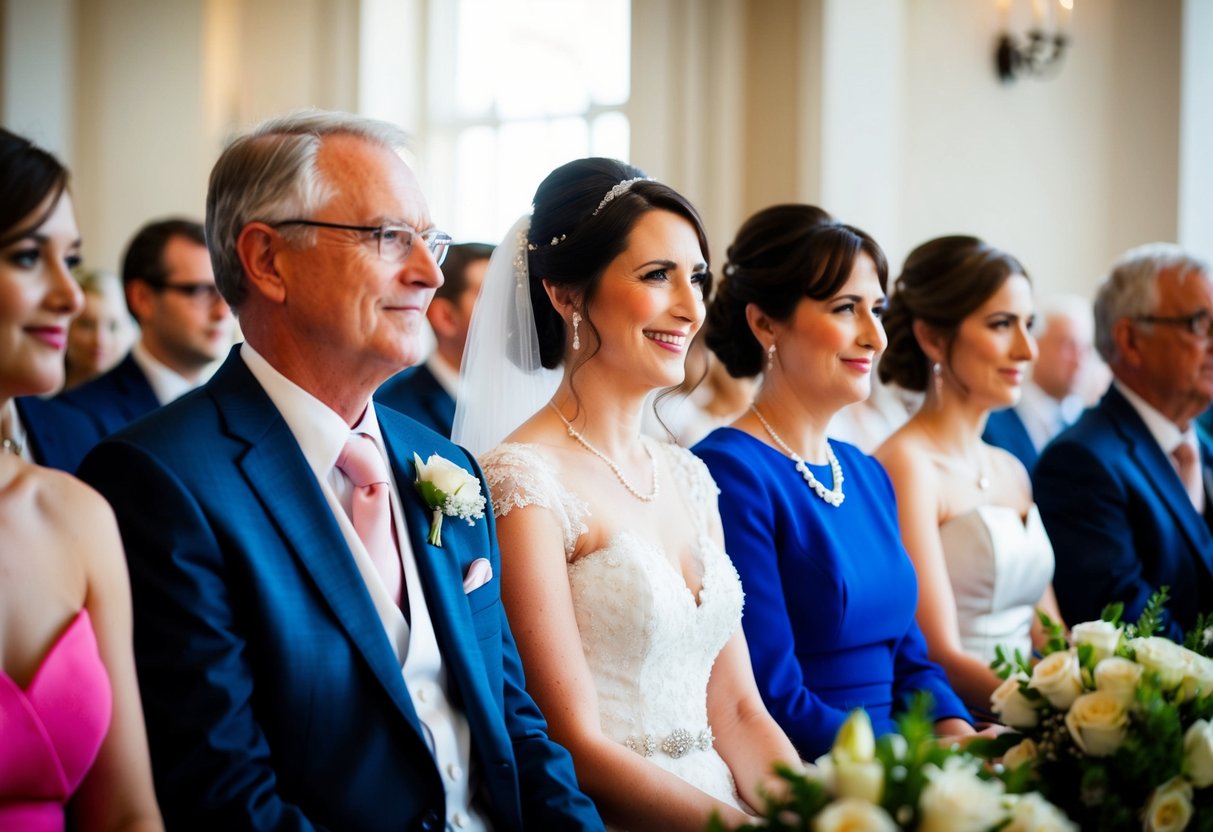 The father of the bride sits in the front row on the left side, typically next to the mother of the bride