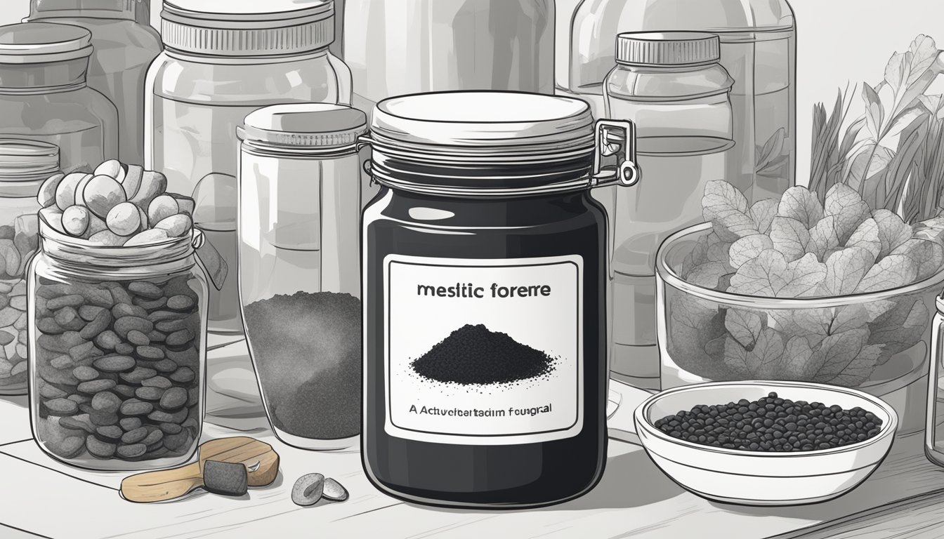 A jar of activated charcoal sitting next to various food items, with a question mark hovering above it