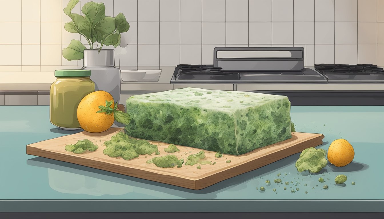 A moldy piece of food sits on a kitchen counter, surrounded by visible spores and a musty odor