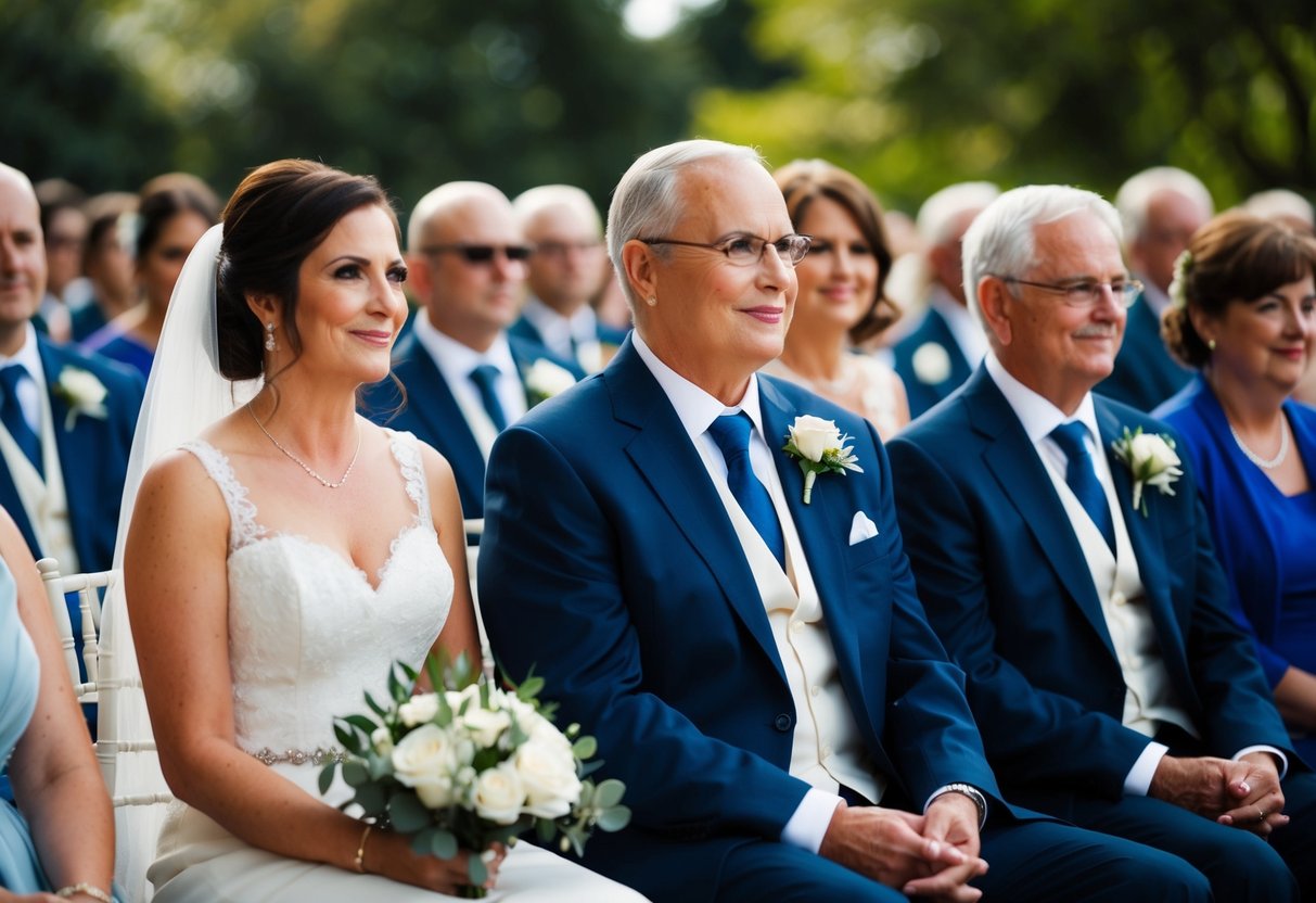 The father of the bride sits in the front row at traditional and modern weddings, and may also sit with the mother of the bride at casual or outdoor weddings