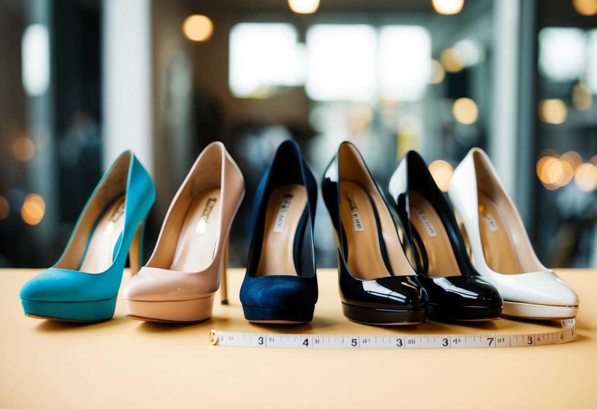 A row of high heels, ranging from low to high, with a measuring tape next to them