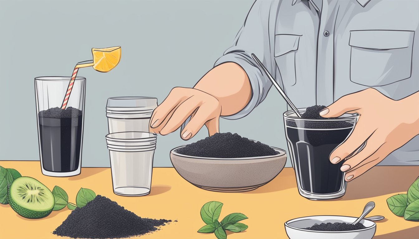 A person adding activated charcoal to a smoothie or drink