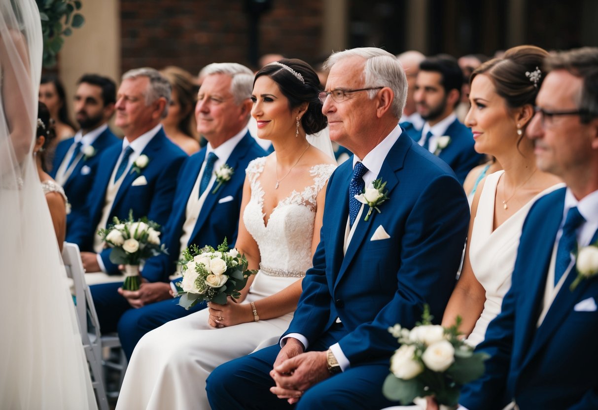 The father of the bride sits in the front row on the left-hand side, closest to the aisle, during the wedding ceremony