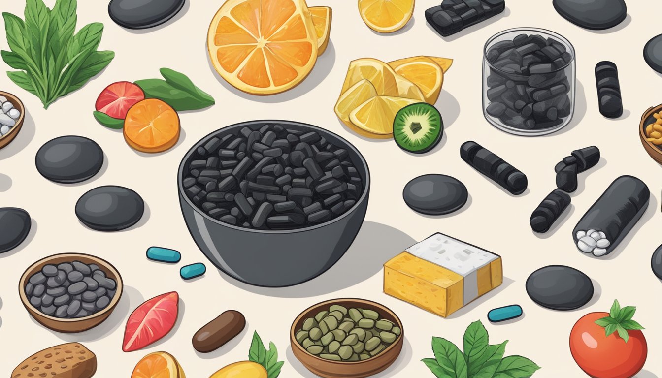 A bowl of activated charcoal capsules next to a variety of food items, with a question mark hovering above them