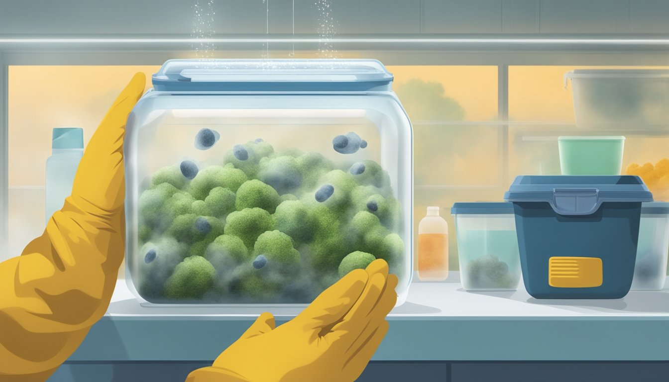 A sealed container of food with mold spores floating in the air, a dehumidifier in the background, and a person wearing gloves and a mask handling the container