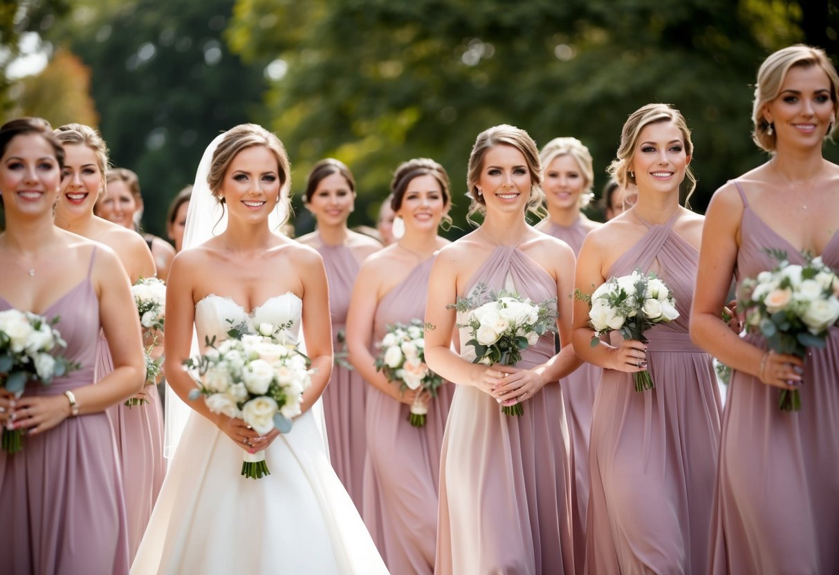 Bridesmaids walk ahead of bride down aisle at wedding