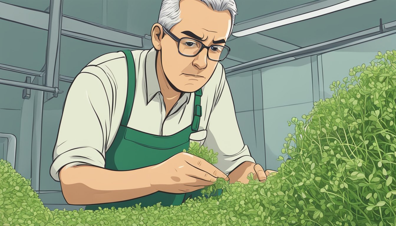 A person inspecting alfalfa sprouts for safety, with a concerned expression