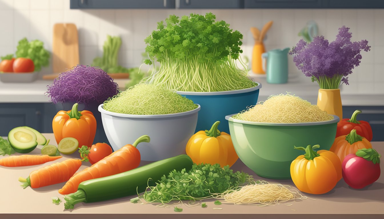 A bowl of fresh, vibrant alfalfa sprouts sits on a clean kitchen counter, surrounded by colorful vegetables and a variety of healthy ingredients