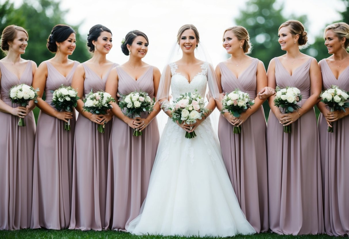 A group of bridesmaids and the bride stand in a line, each holding a bouquet. The bride is positioned in the center, with the bridesmaids flanking her on either side