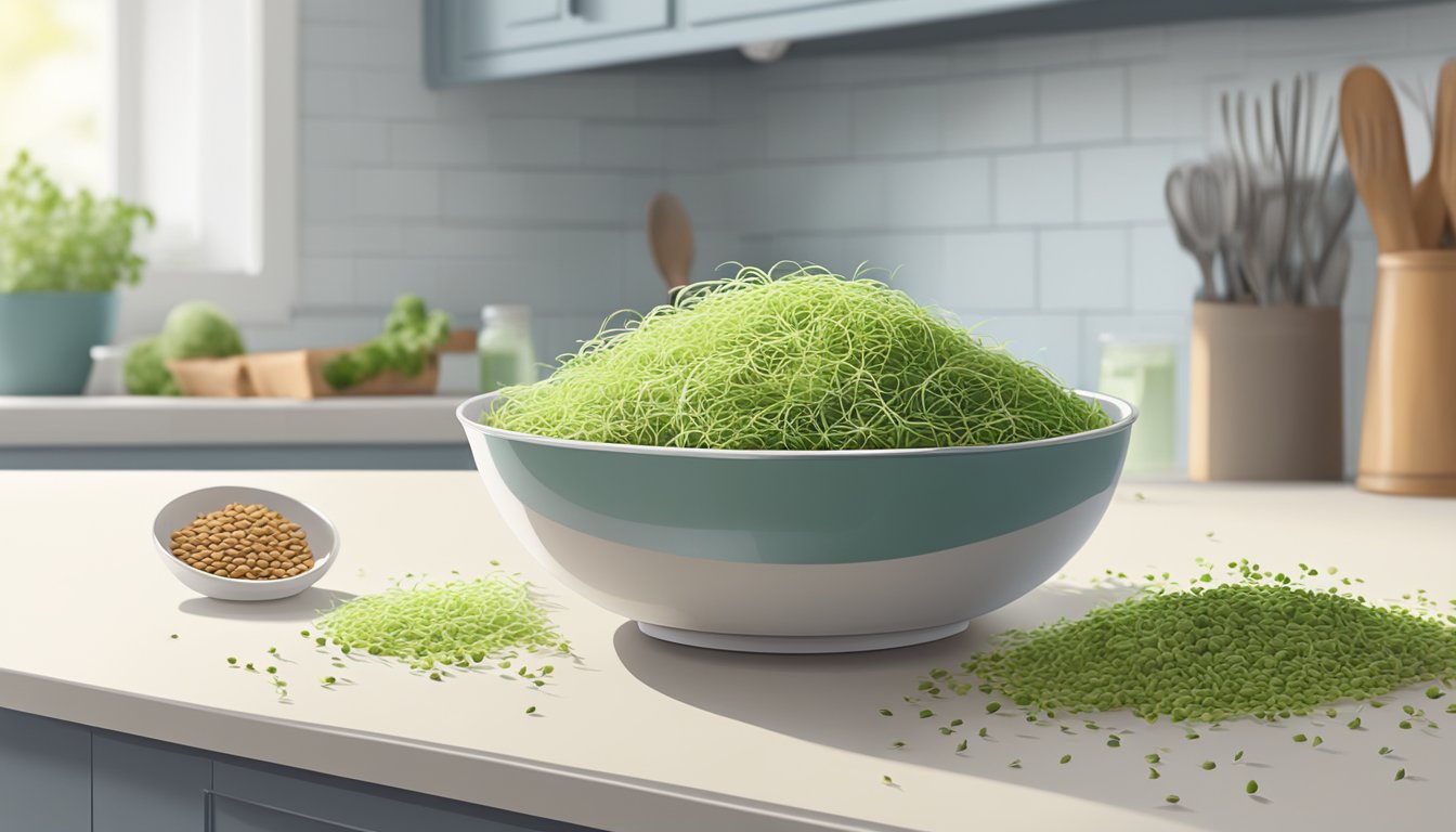 A bowl of fresh alfalfa sprouts on a clean, white kitchen counter. A small pile of seeds sits nearby