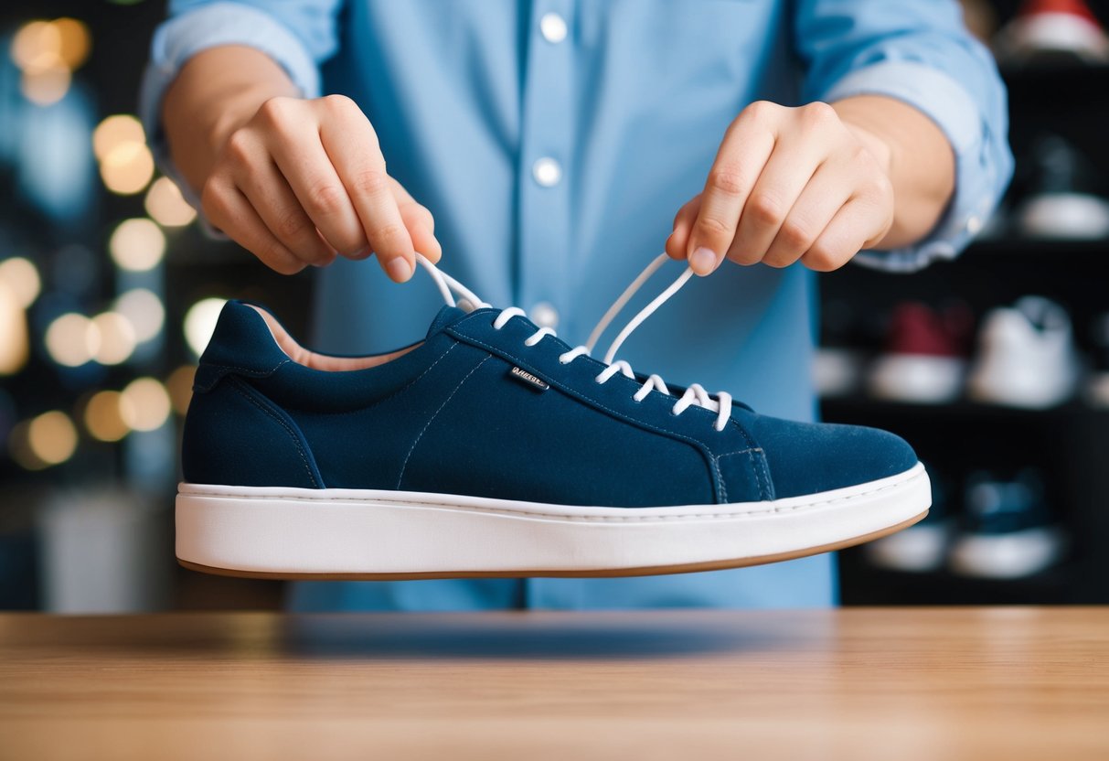 A person holding a shoe with extra space at the front, comparing it to a smaller size
