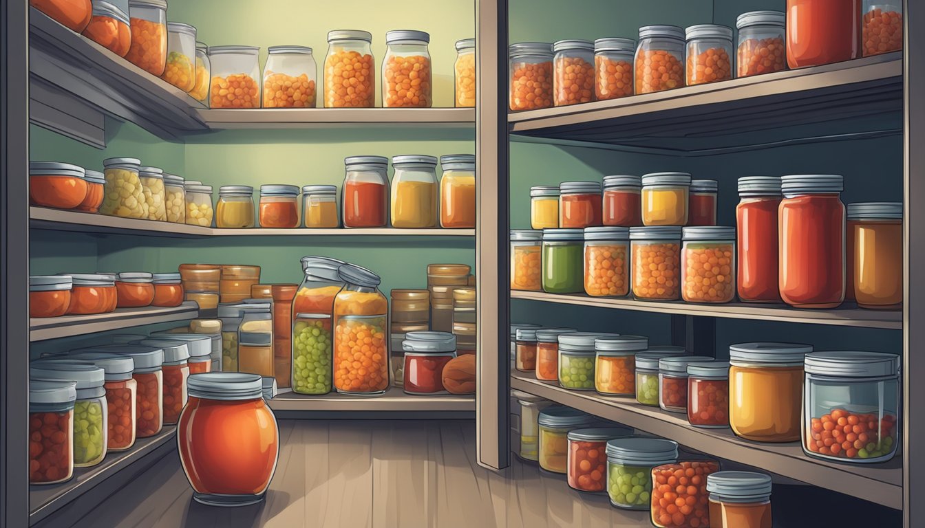 A pantry shelf with expired diced tomatoes next to a canning process illustration