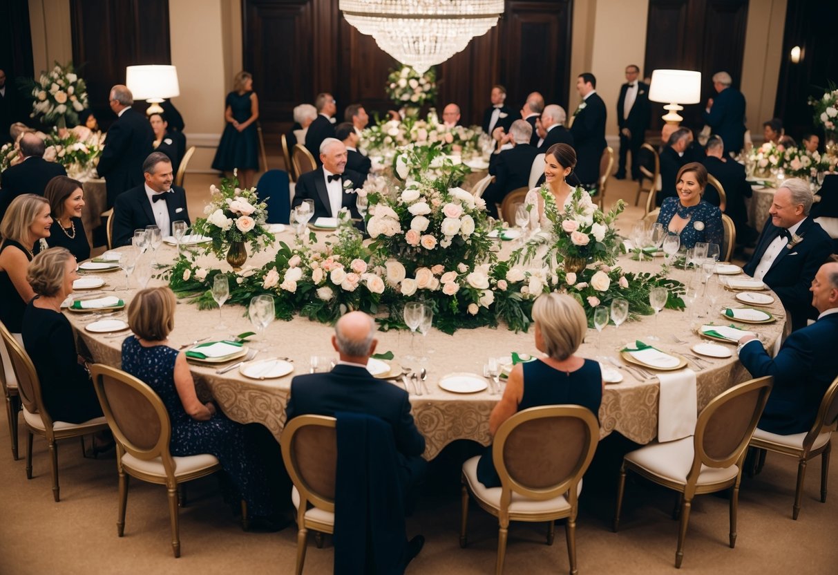 A large, ornate table with elegant place settings and floral centerpieces. Family members are seated in designated spots, while others mingle nearby
